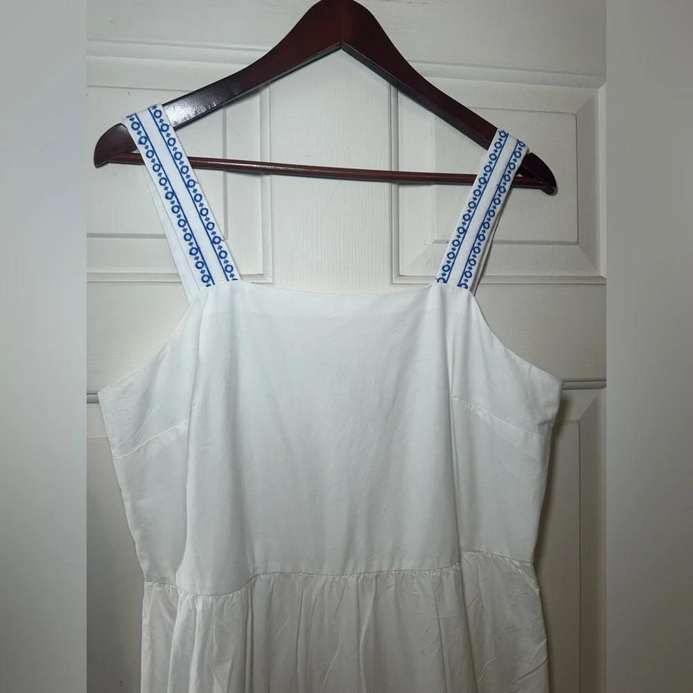 J Crew Embroidered Hem Straps Tiered Sleeveless Dress Scalloped Hem Blue White 8